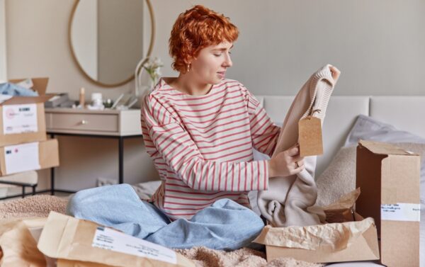 young European woman opens box